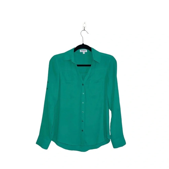Express The Portofino Shirt Kelly Green Button Down Blouse Xsmall Women’s - Picture 1 of 10